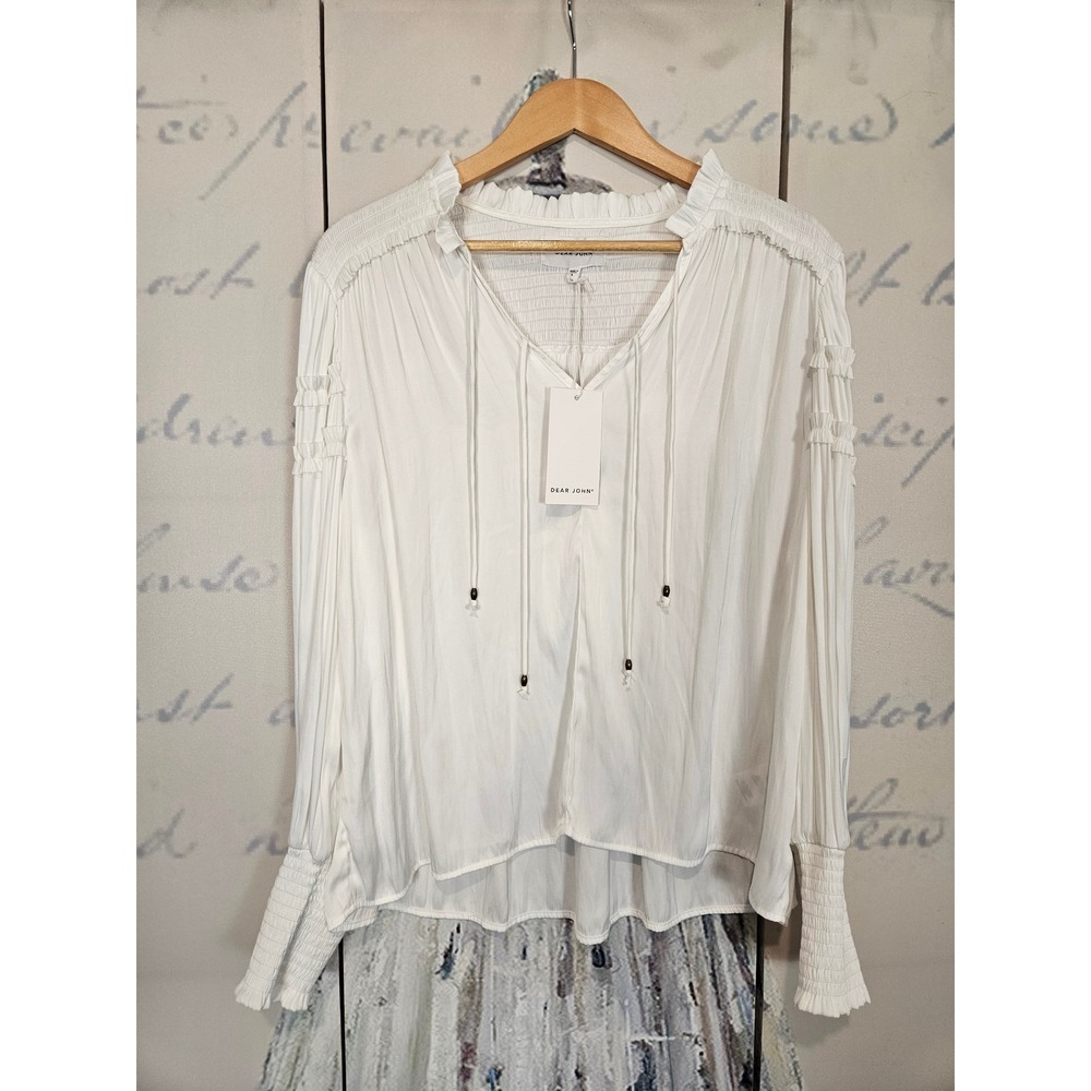 Dear John Jolene Smocked Blouse White V-Neck Ruffle Long‎ Sleeve Top Large NEW